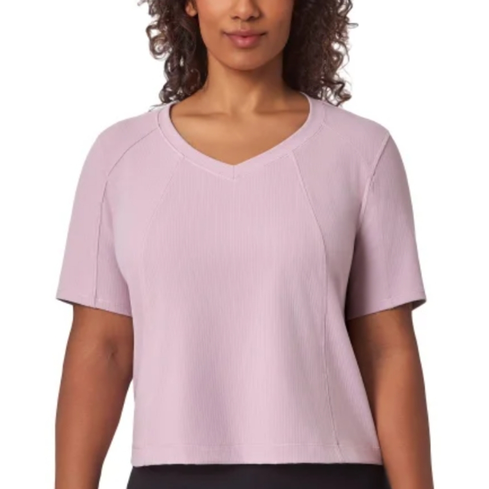 NWT Mondetta Women's Short Sleeve Ribbed V-Neck Tee Pink M cropped gym outdoor‎